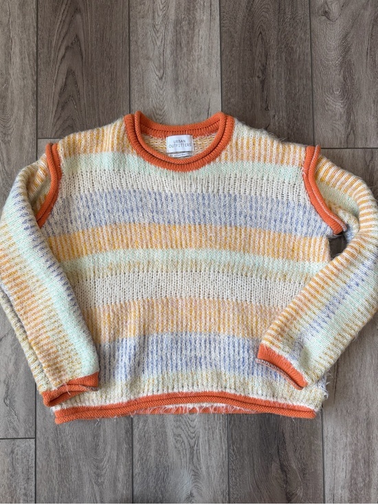 Urban Outfitters Sweaters - Urban Outfitters- Cozy Pastel Striped Crewneck Sweater with Orange Trim